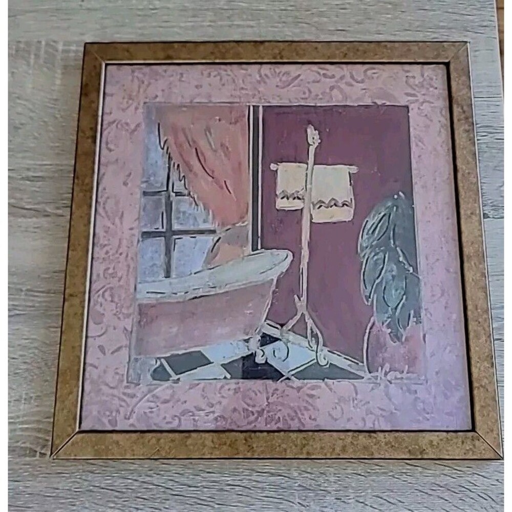 Vintage,Art Print,  CARTER Signed, Framed Bathroom Tub PRINT 13X13